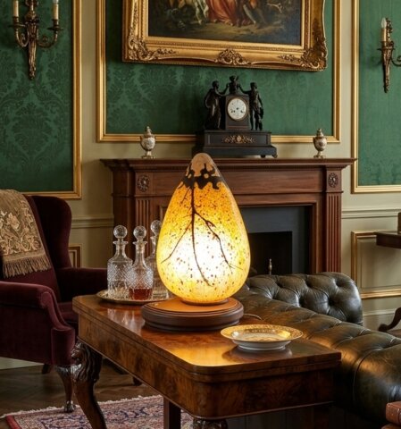Lampada artigianale da tavolo accesa accanto a un libro in un angolo di casa