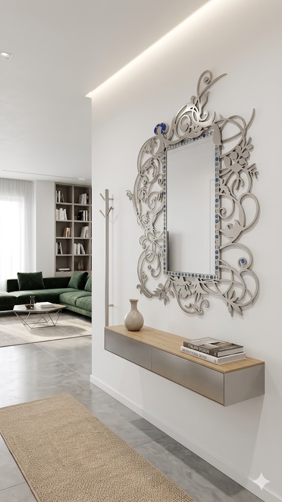 Specchio artigianale con cornice in legno sospesa su una parete di ingresso